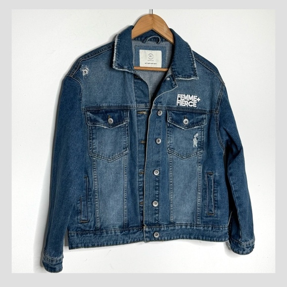 NEW Cotton On Denim Jacket Femme Fierce Graphic Worn In Statement Denim Jacket - Picture 12 of 15